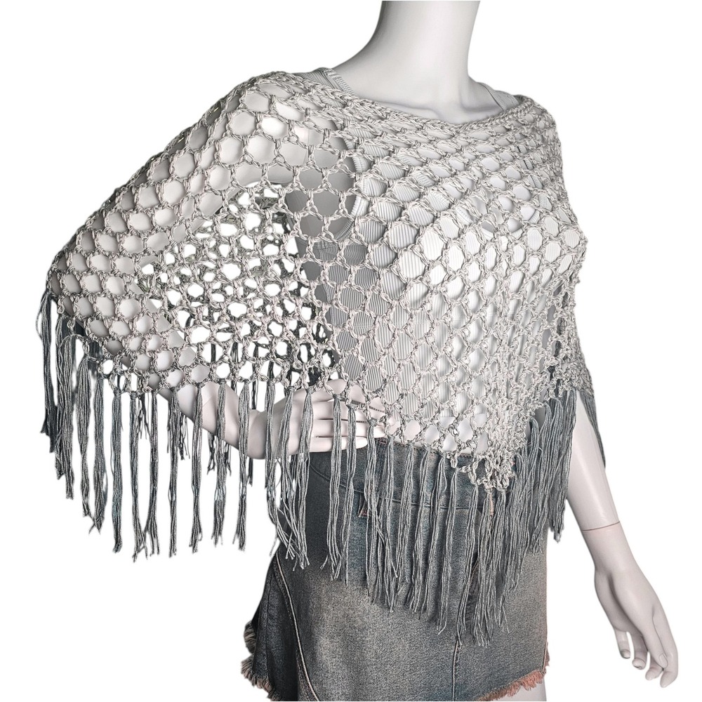 Handmade Crochet Shawl Women Gray Ombre Fringe Cotton Boho Poncho - Picture 5 of 10